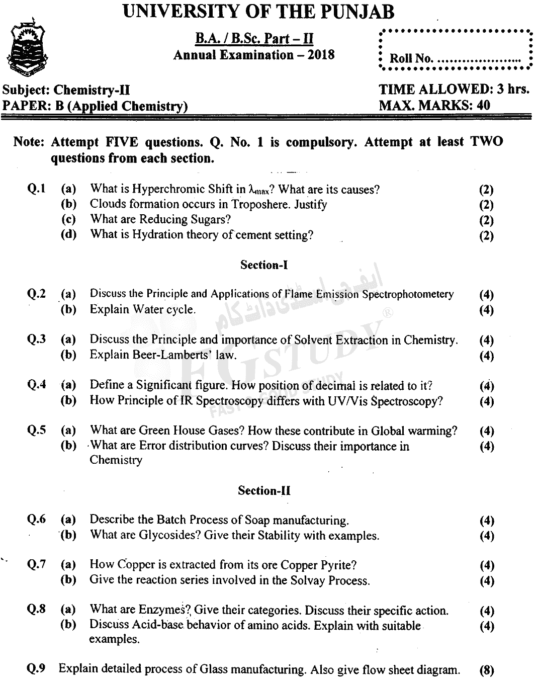 BSc Part 2 Chemistry 2 Applied Chemistry Past Paper 2018 Punjab University