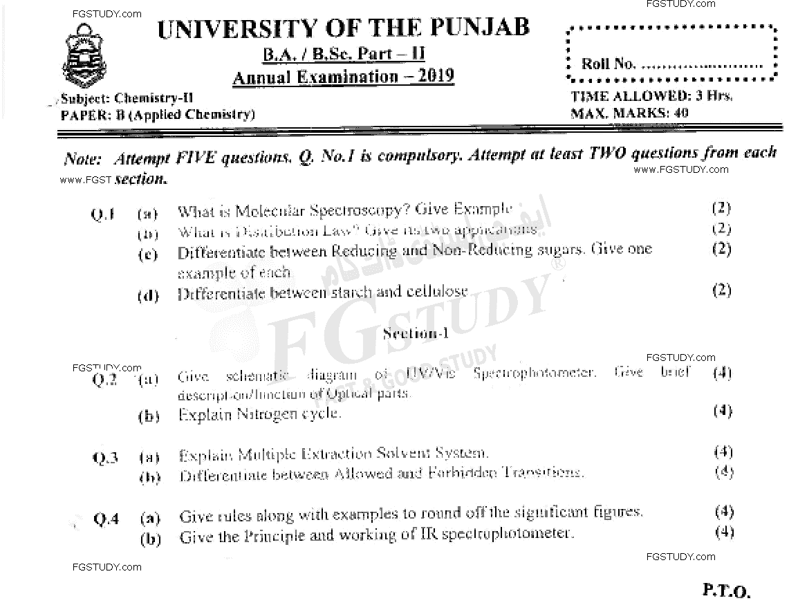 BSc Part 2 Chemistry 2 Applied Chemistry Past Paper 2019 Punjab University