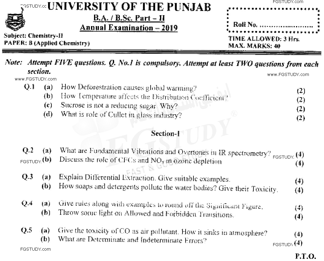 BSc Part 2 Chemistry 2 Applied Chemistry Past Paper 2019 Punjab University