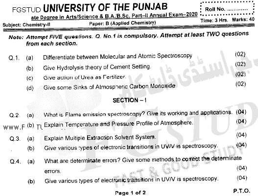 BSc Part 2 Chemistry 2 Applied Chemistry Past Paper 2020 Punjab University