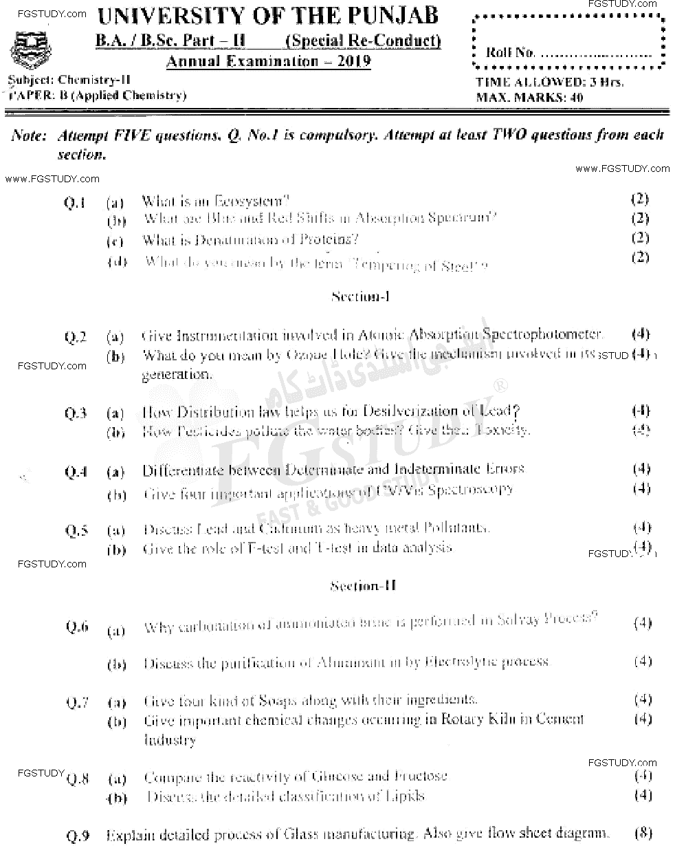 BSc Part 2 Chemistry 2 Applied Chemistry Past Paper 2019 Punjab University