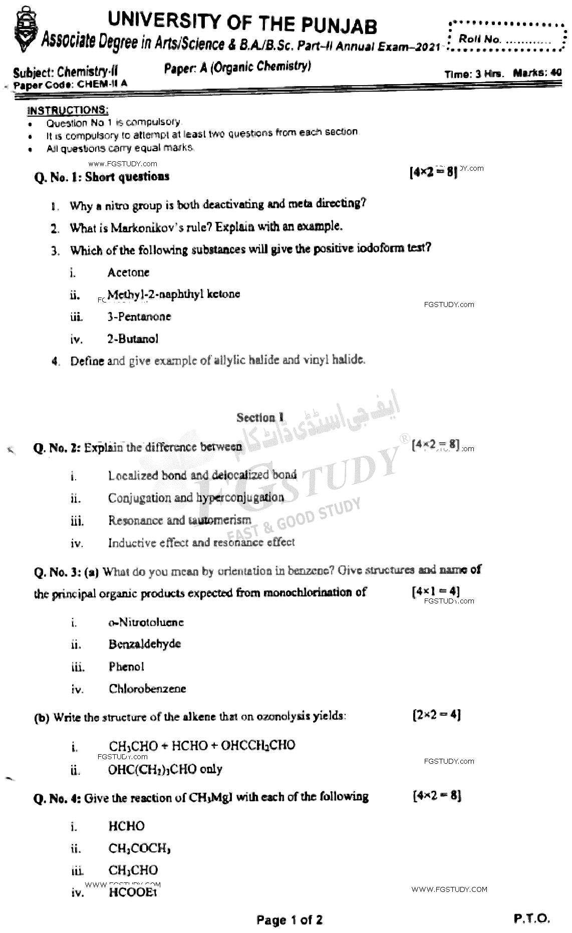BSc Part 2 Chemistry 2 Organic Chemistry Past Paper 2021 Punjab University Subjective
