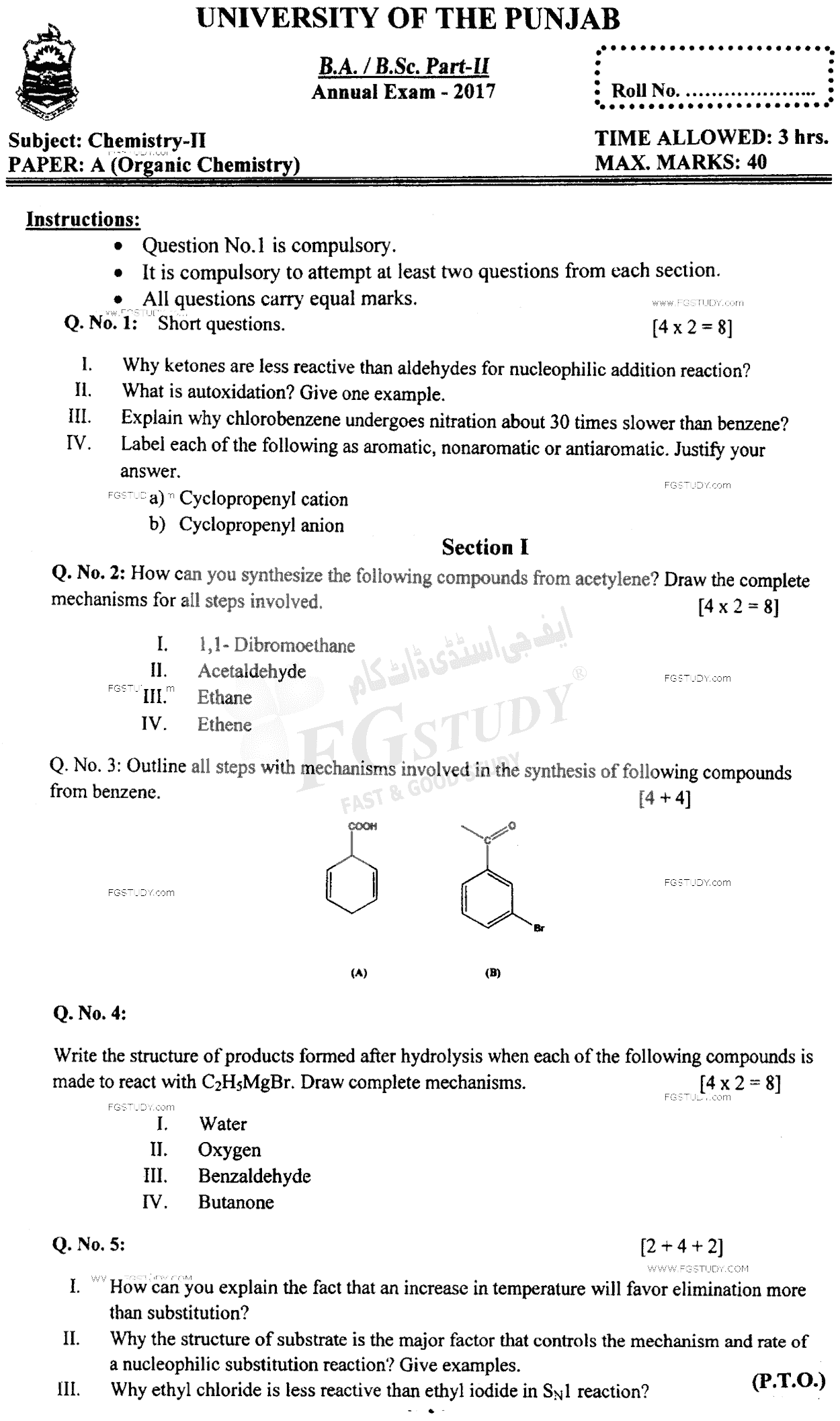 BSc Part 2 Chemistry 2 Organic Chemistry Past Paper 2017 Punjab University