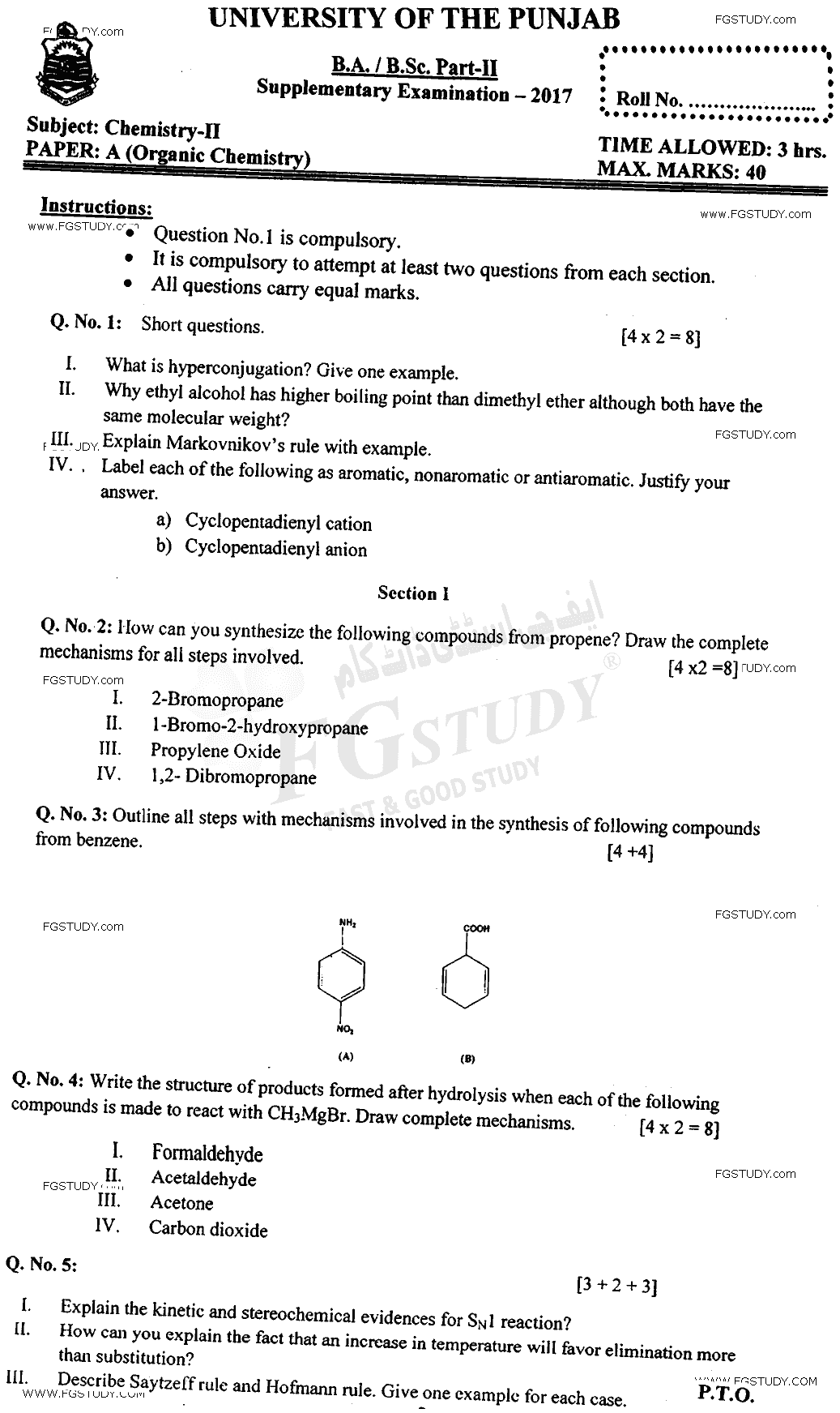 BSc Part 2 Chemistry 2 Organic Chemistry Past Paper 2017 Punjab University