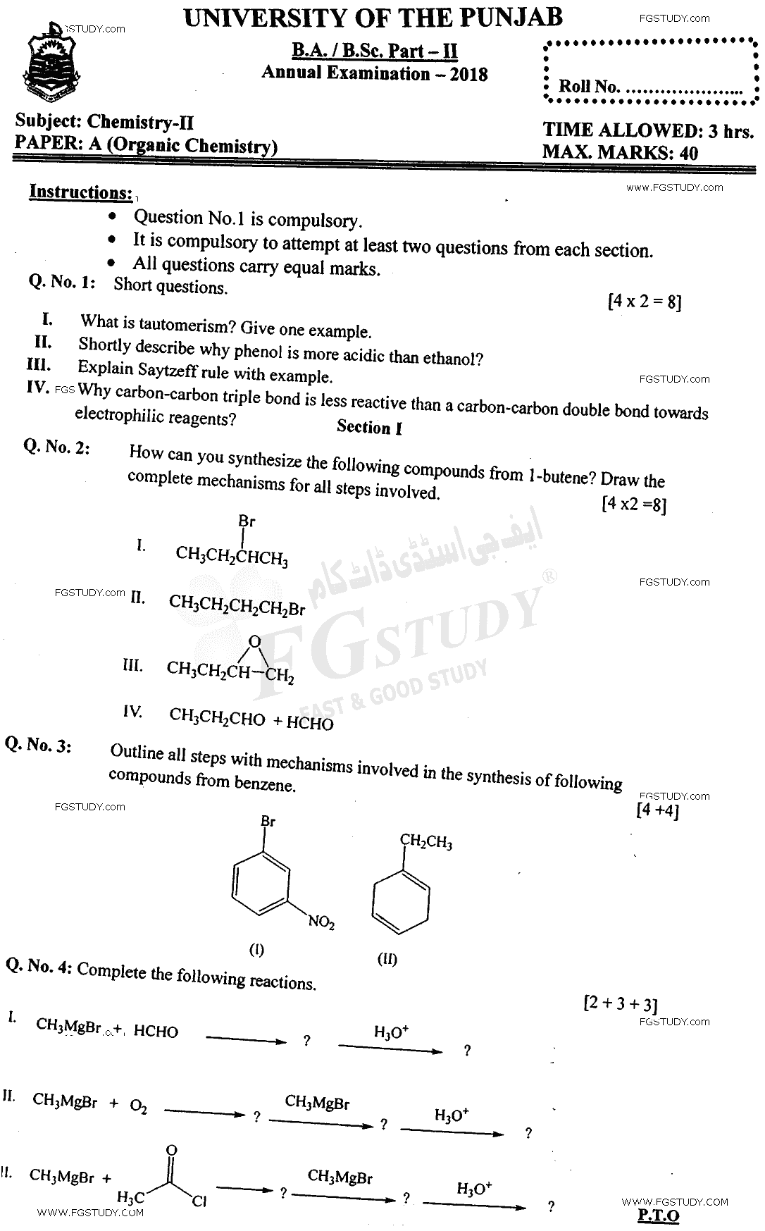 BSc Part 2 Chemistry 2 Organic Chemistry Past Paper 2018 Punjab University