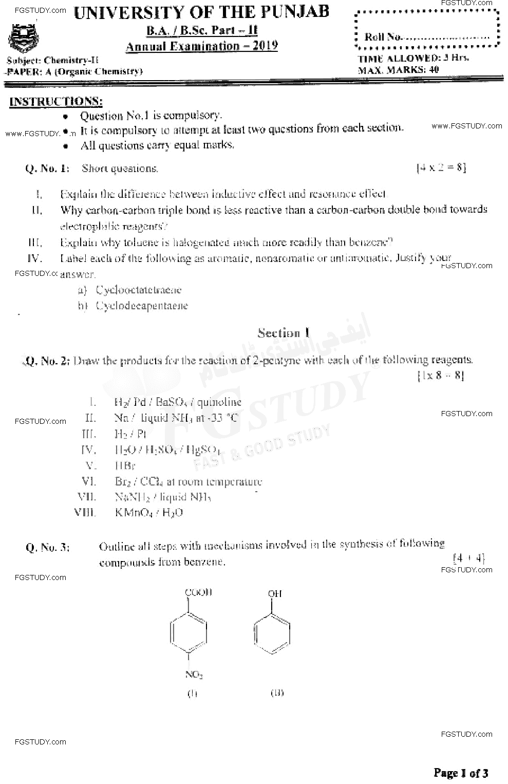 BSc Part 2 Chemistry 2 Organic Chemistry Past Paper 2019 Punjab University