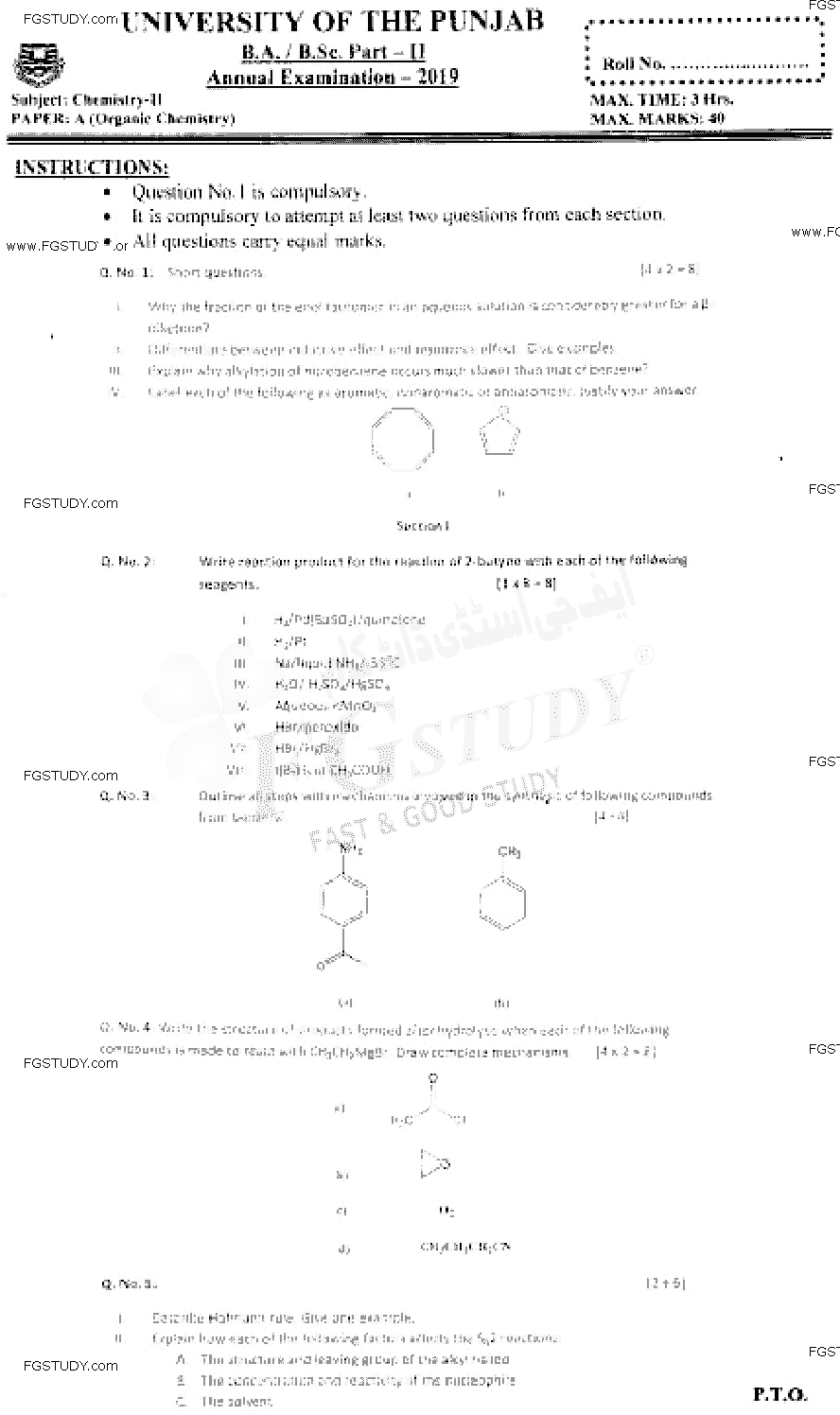BSc Part 2 Chemistry 2 Organic Chemistry Past Paper 2019 Punjab University