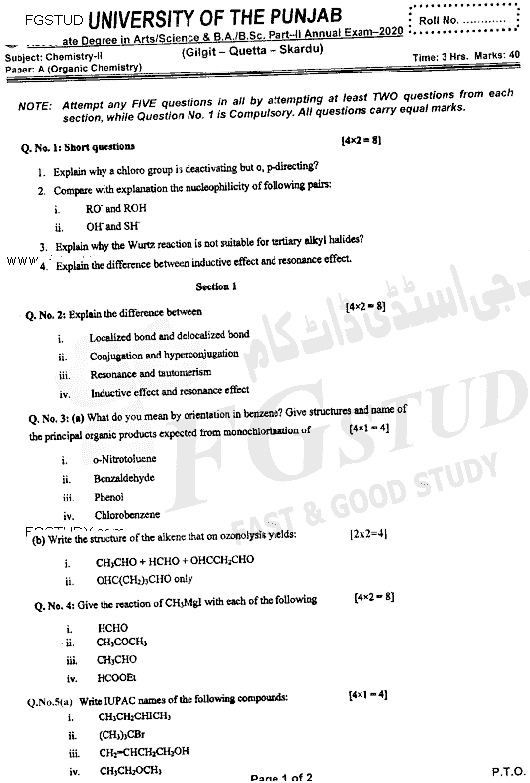 BSc Part 2 Chemistry 2 Organic Chemistry Past Paper 2020 Punjab University