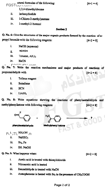 BSc Part 2 Chemistry 2 Organic Chemistry Past Paper 2020 Punjab University