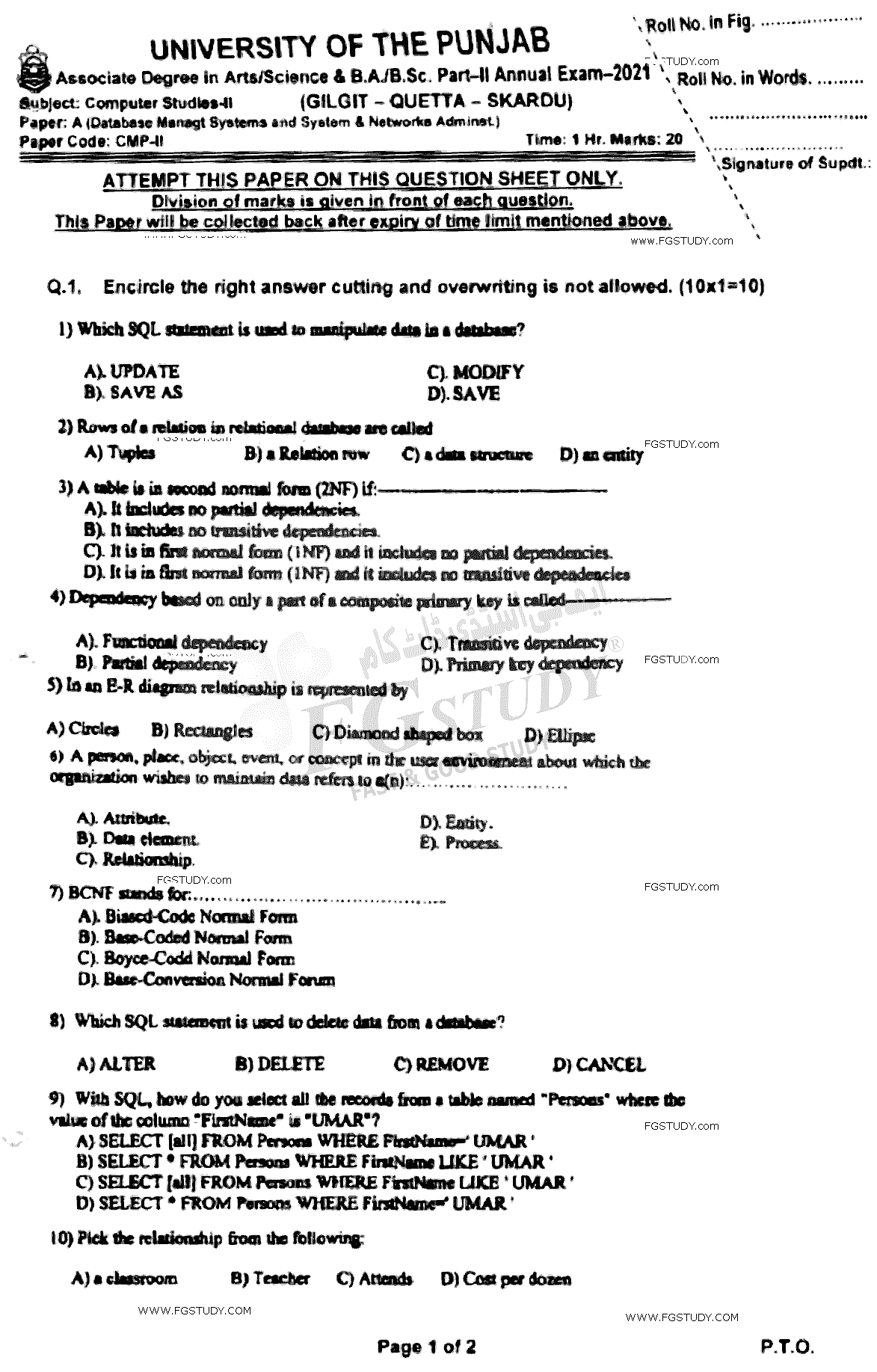 BSc Part 2 Computer Studies 2 Data Base Management Systems And System And Network Administration Past Paper 2021 Punjab University Objective