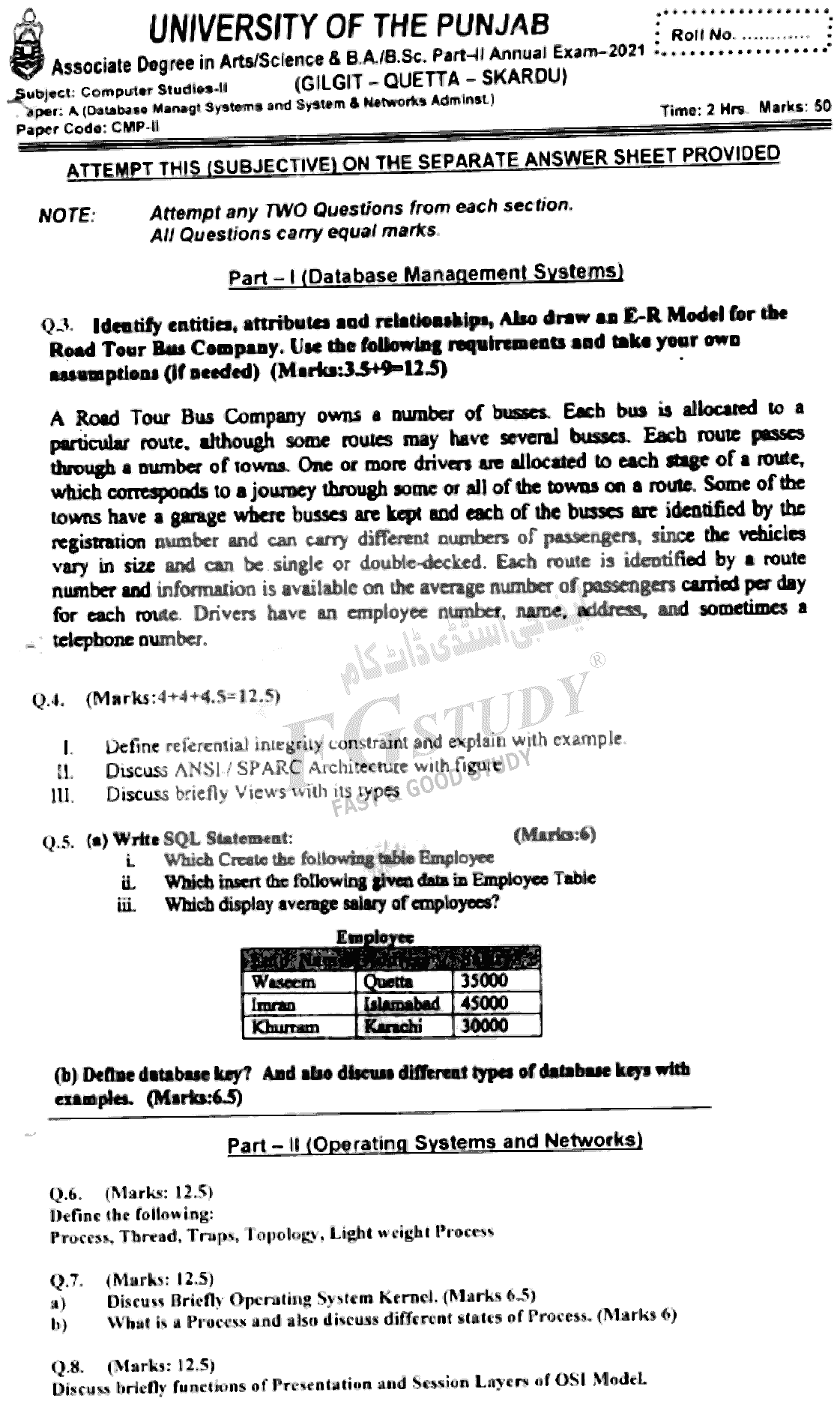 BSc Part 2 Computer Studies 2 Data Base Management Systems And System And Network Administration Past Paper 2021 Punjab University Subjective