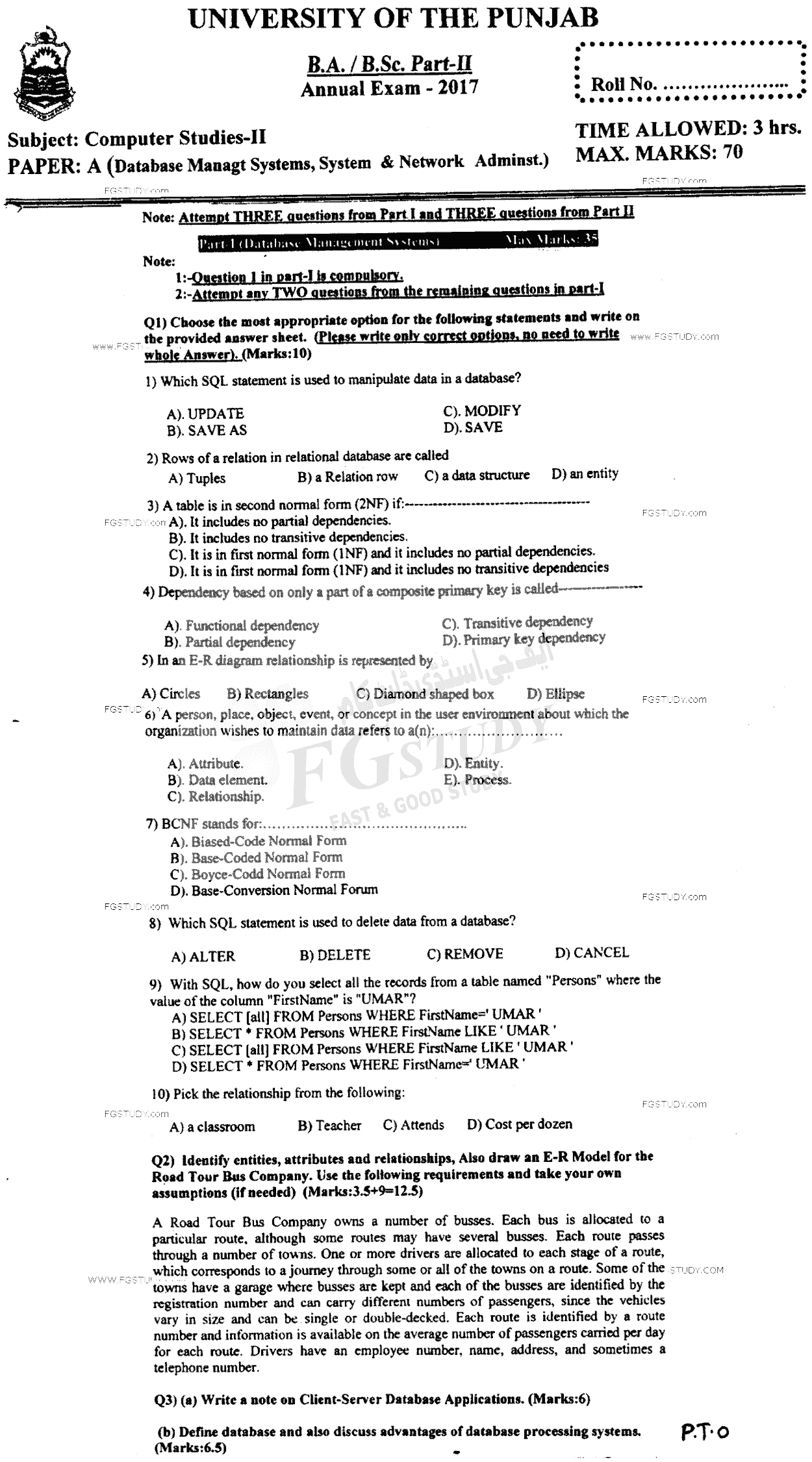 BSc Part 2 Computer Studies 2 Data Base Management Systems And System And Network Administration Past Paper 2017 Punjab University