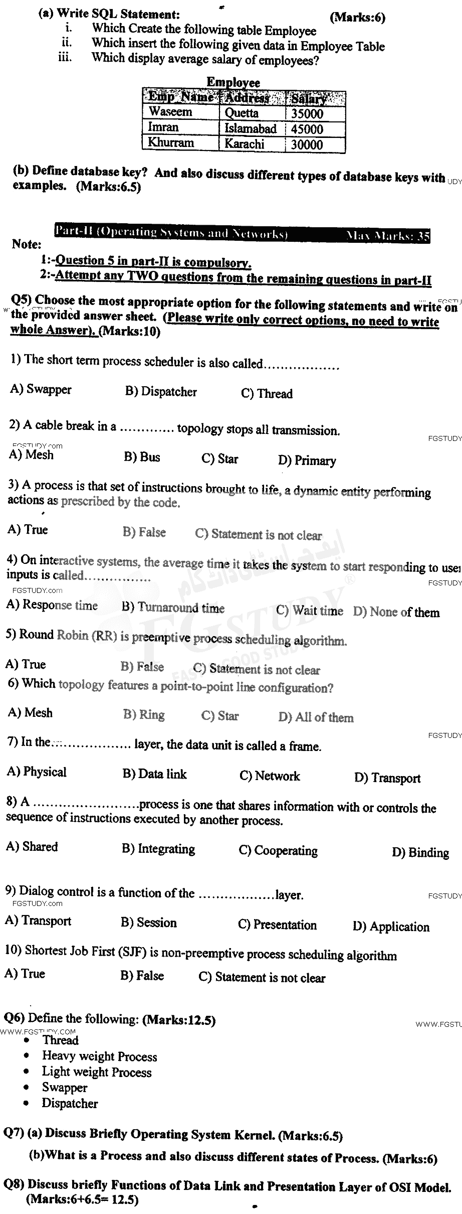 BSc Part 2 Computer Studies 2 Data Base Management Systems And System And Network Administration Past Paper 2017 Punjab University