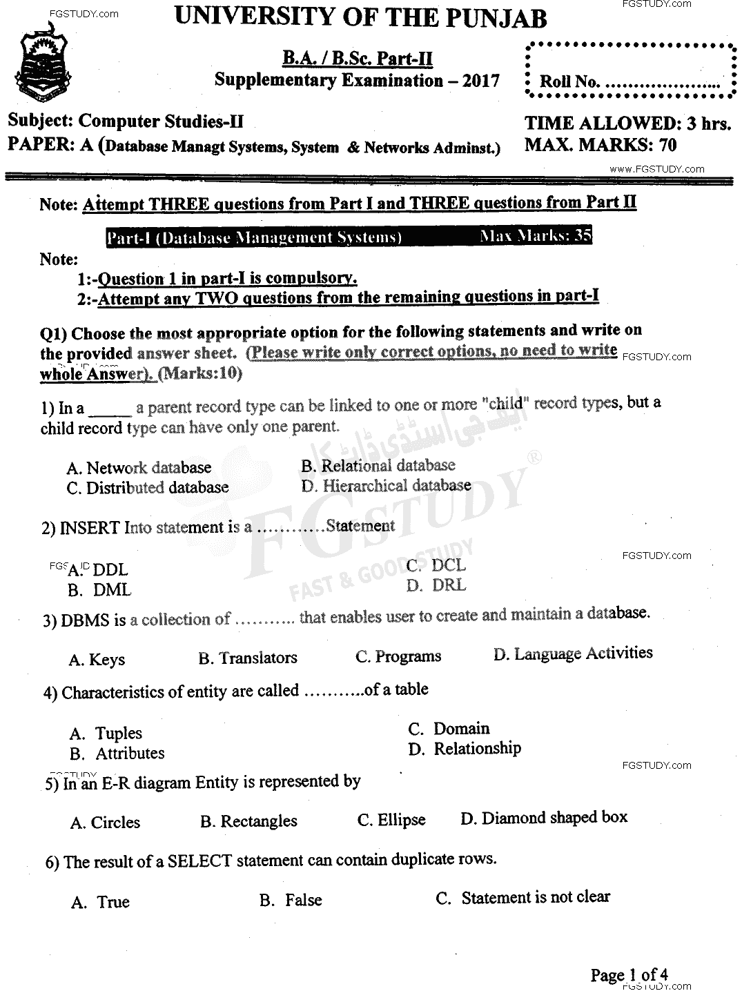 BSc Part 2 Computer Studies 2 Data Base Management Systems And System And Network Administration Past Paper 2017 Punjab University