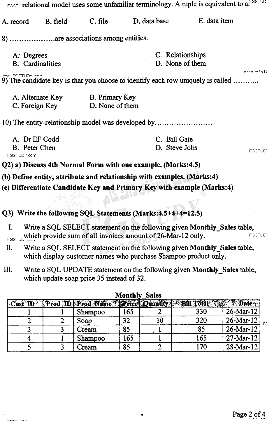 BSc Part 2 Computer Studies 2 Data Base Management Systems And System And Network Administration Past Paper 2017 Punjab University