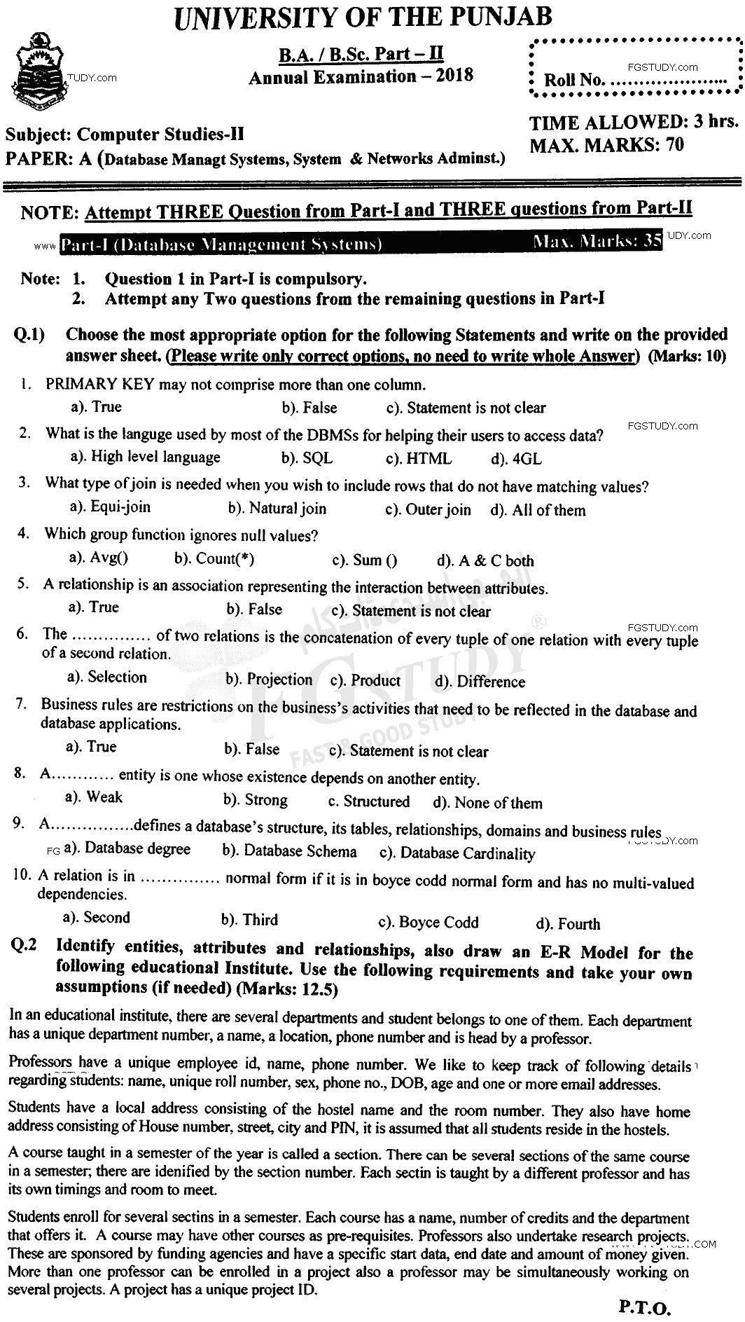 BSc Part 2 Computer Studies 2 Data Base Management Systems And System And Network Administration Past Paper 2018 Punjab University