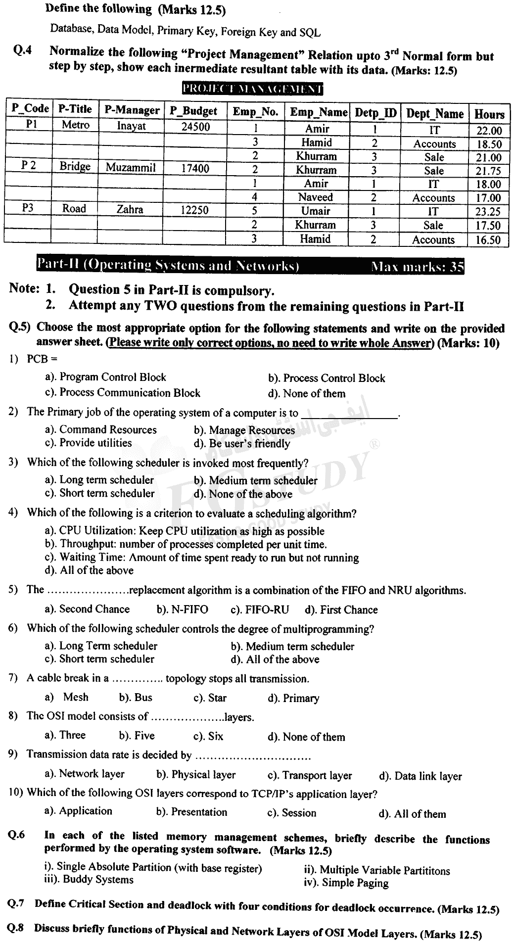BSc Part 2 Computer Studies 2 Data Base Management Systems And System And Network Administration Past Paper 2018 Punjab University