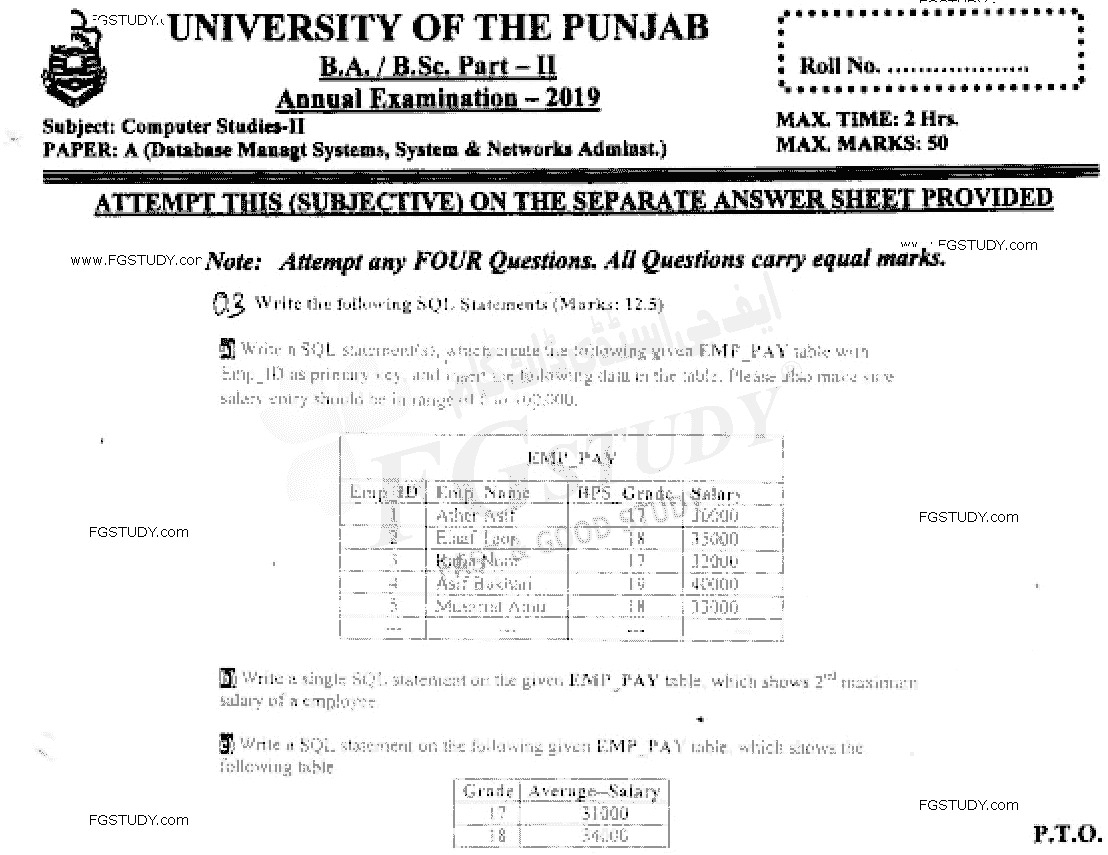 BSc Part 2 Computer Studies 2 Data Base Management Systems And System And Network Administration Past Paper 2019 Punjab University Subjective