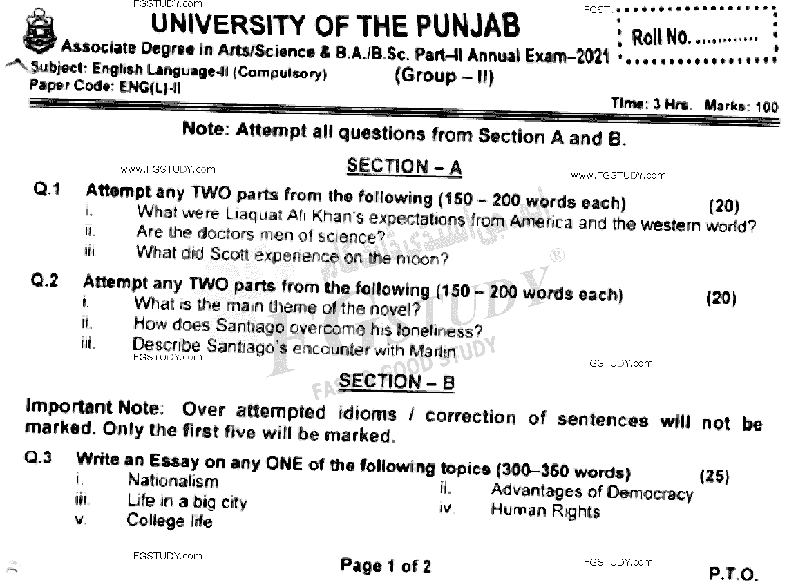 BSc Part 2 English Language 2 Past Paper 2021 Punjab University Group 2 Subjective