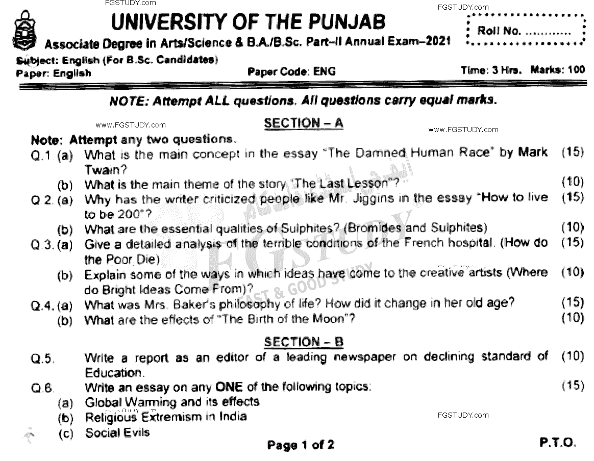 BSc Part 2 English Past Paper 2021 Punjab University Subjective