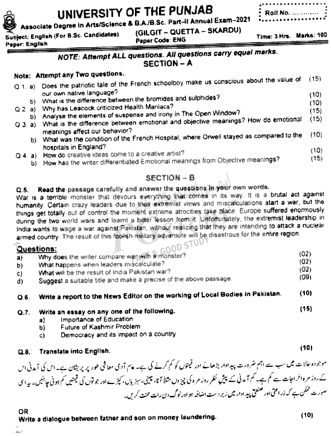 BSc Part 2 English Past Paper 2021 Punjab University Subjective