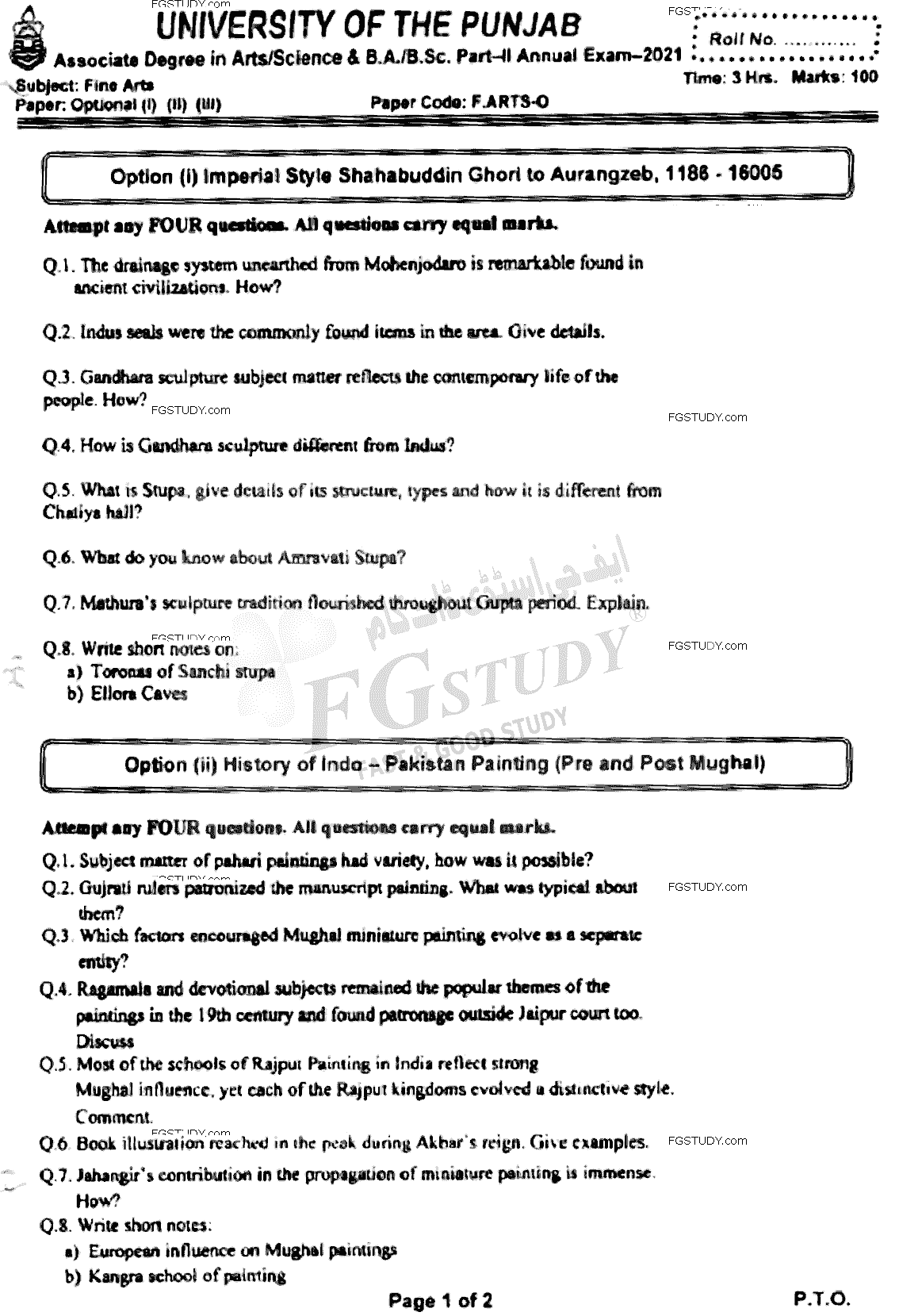 BSc Part 2 Fine Arts 2 Past Paper 2021 Punjab University Subjective