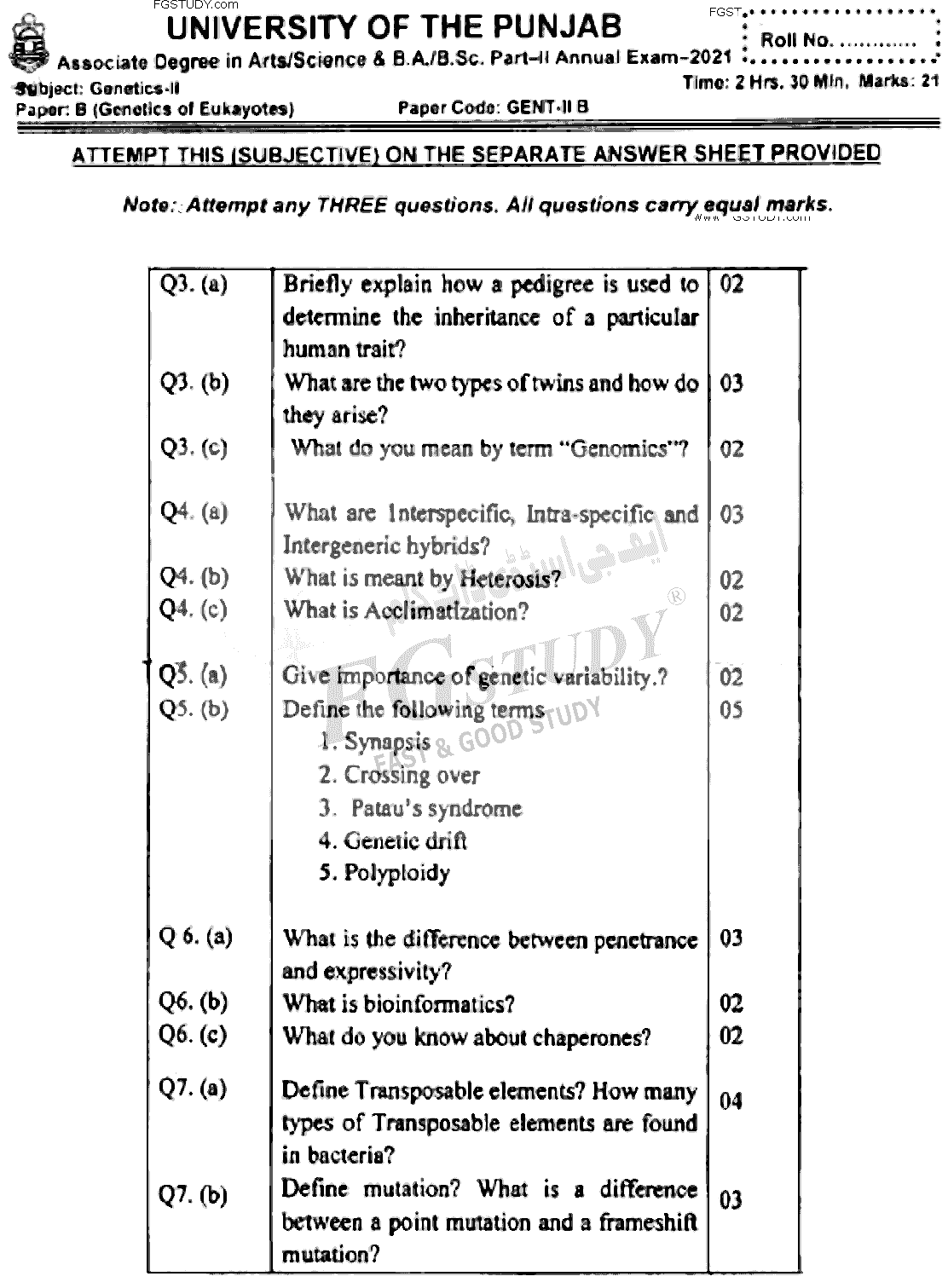 BSc Part 2 Genetics 2 Genetics Of Eukaryotes Past Paper 2021 Punjab University Subjective