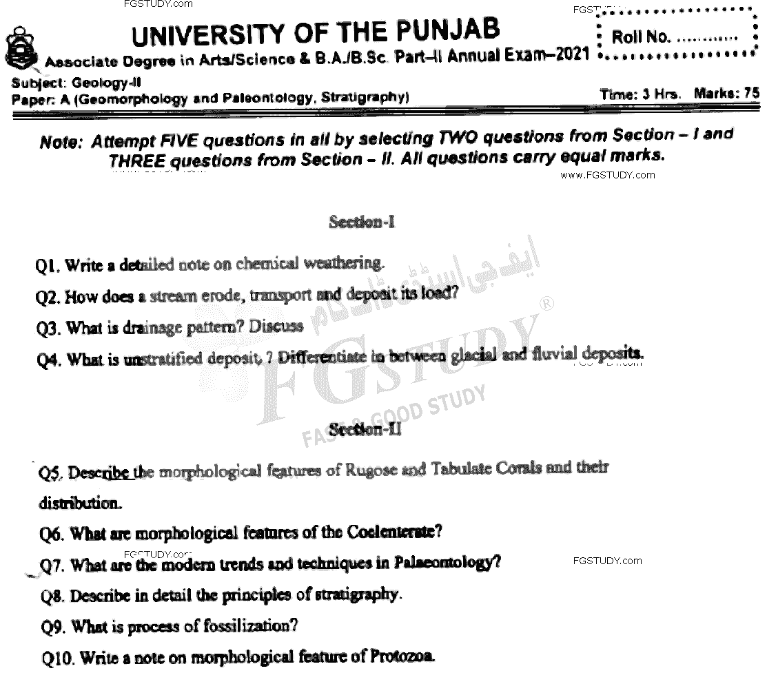 BSc Part 2 Geology 2 Geomorphology Paleontology Stratigraphy Past Paper 2021 Punjab University Subjective