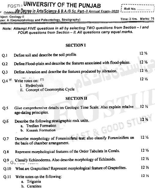 BSc Part 2 Geology 2 Geomorphology Paleontology Stratigraphy Past Paper 2020 Punjab University