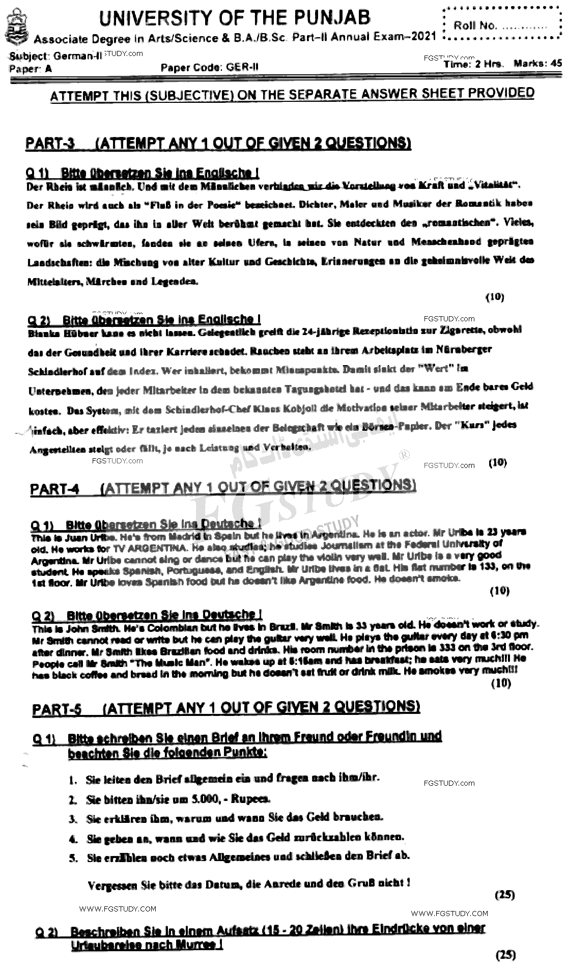 BSc Part 2 German 2 Past Paper 2021 Punjab University Subjective