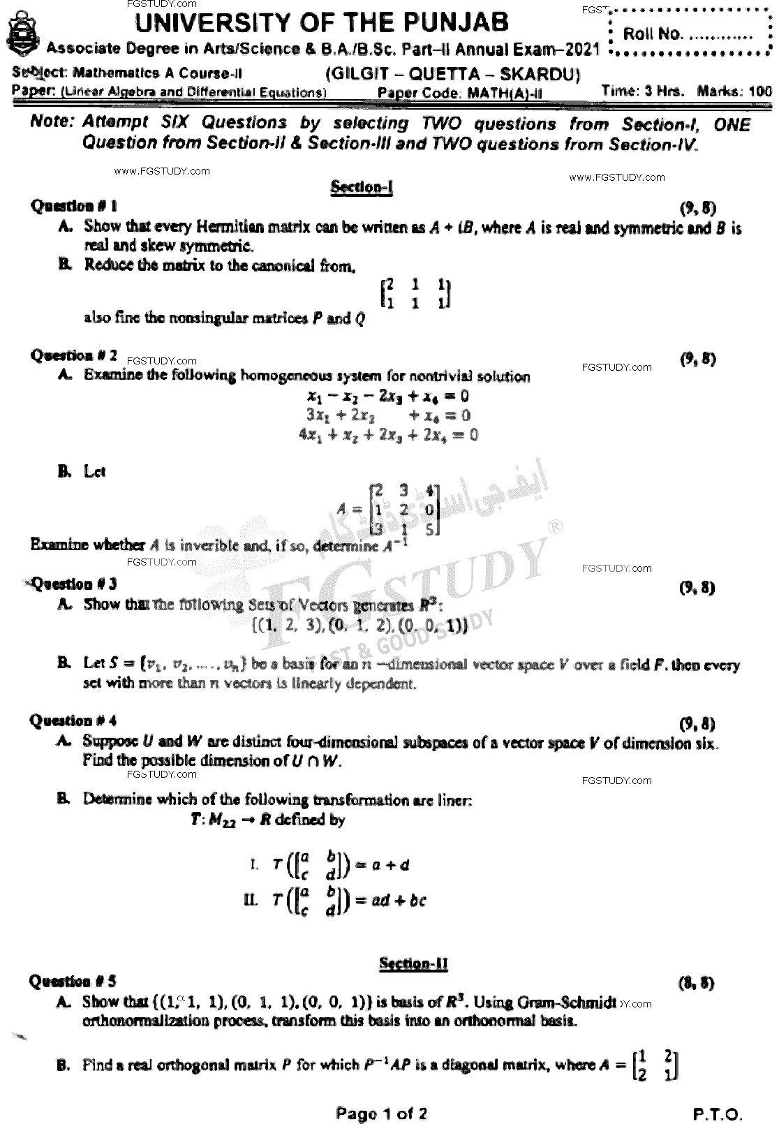 BSc Part 2 Mathematics A Course 2 Linear Algebra And Differential Equations Past Paper 2021 Punjab University Subjective