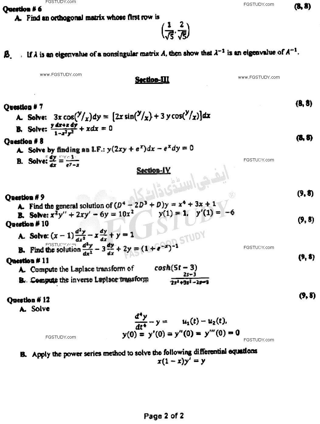 BSc Part 2 Mathematics A Course 2 Linear Algebra And Differential Equations Past Paper 2021 Punjab University Subjective