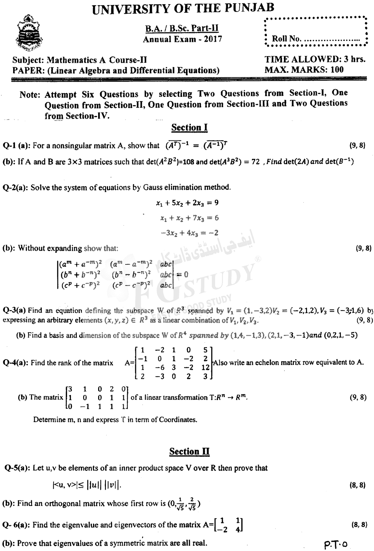 BSc Part 2 Mathematics A Course 2 Linear Algebra And Differential Equations Past Paper 2017 Punjab University