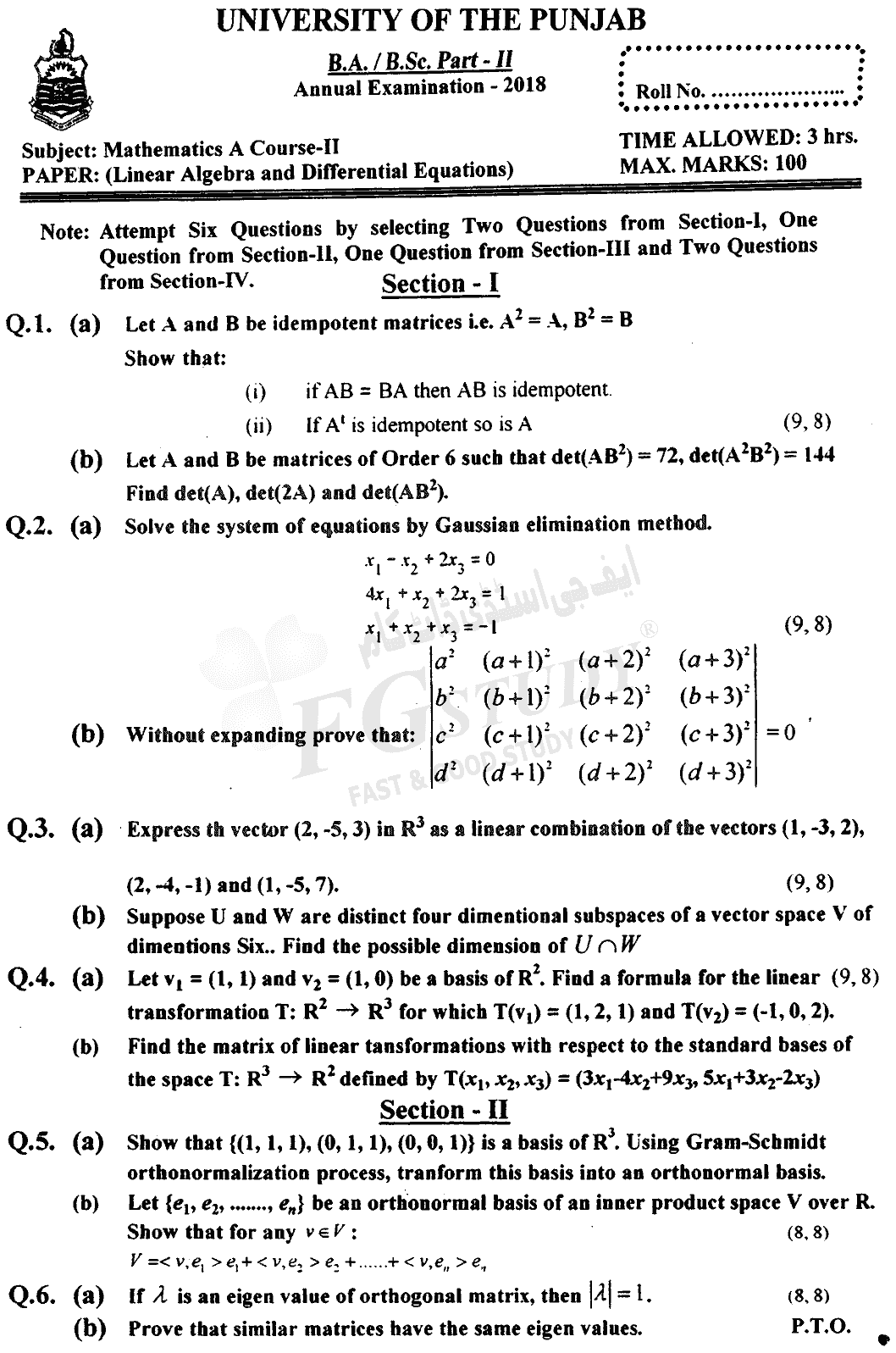 BSc Part 2 Mathematics A Course 2 Linear Algebra And Differential Equations Past Paper 2018 Punjab University