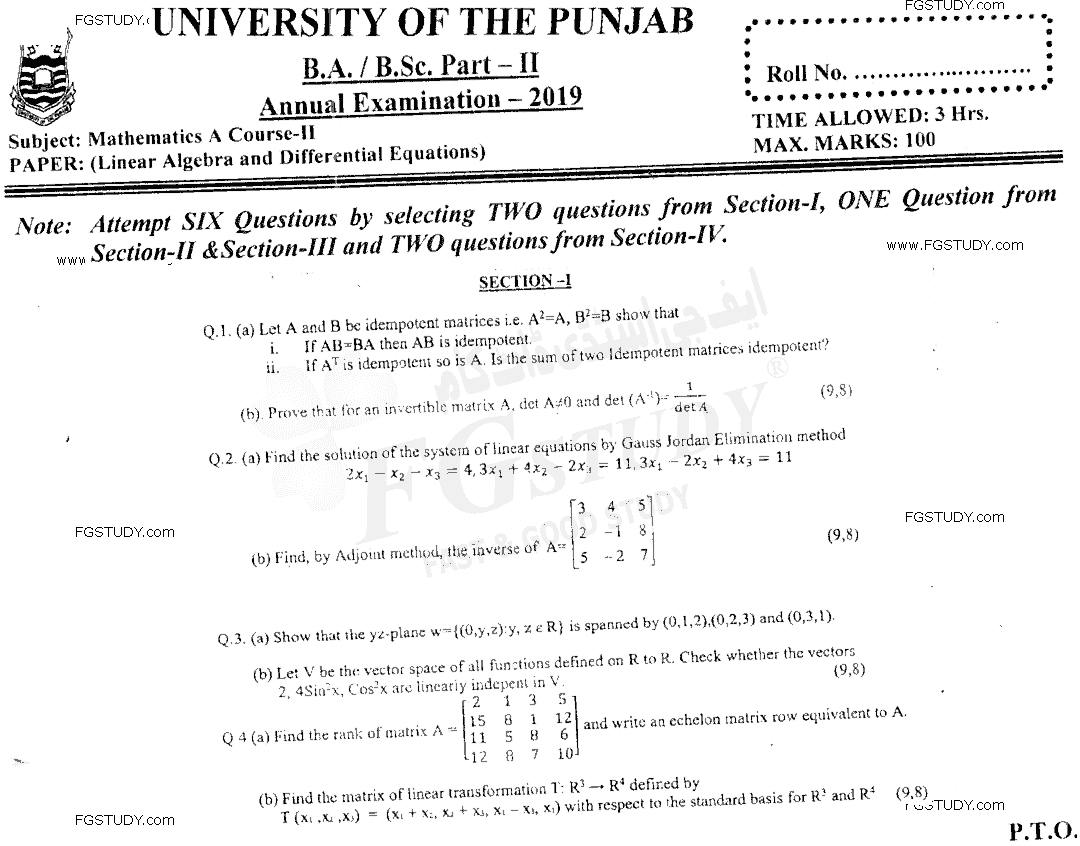 BSc Part 2 Mathematics A Course 2 Linear Algebra And Differential Equations Past Paper 2019 Punjab University