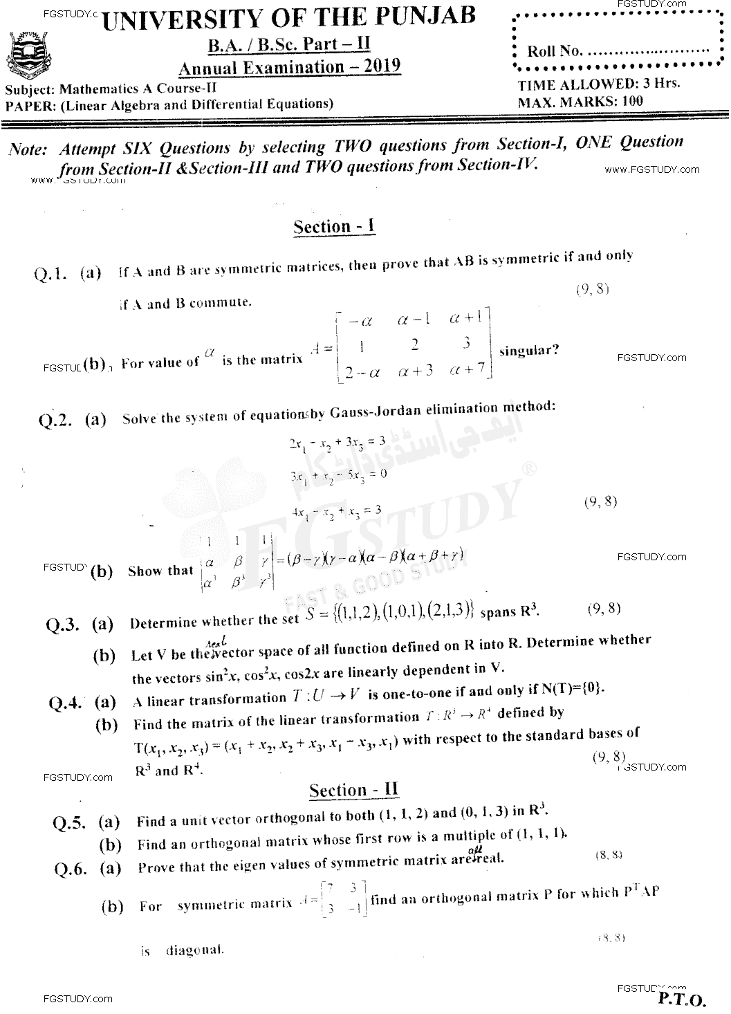 BSc Part 2 Mathematics A Course 2 Linear Algebra And Differential Equations Past Paper 2019 Punjab University