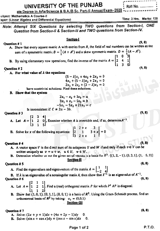 BSc Part 2 Mathematics A Course 2 Linear Algebra And Differential Equations Past Paper 2020 Punjab University