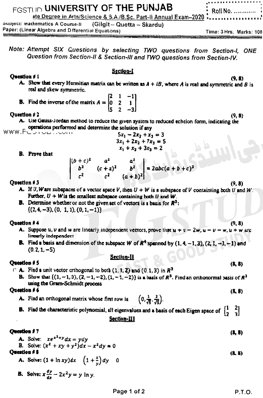 BSc Part 2 Mathematics A Course 2 Linear Algebra And Differential Equations Past Paper 2020 Punjab University