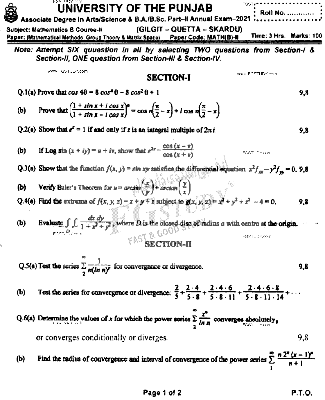 BSc Part 2 Mathematics B Course 2 Mathematical Methods Group Theory And Metric Spaces Past Paper 2021 Punjab University Subjective