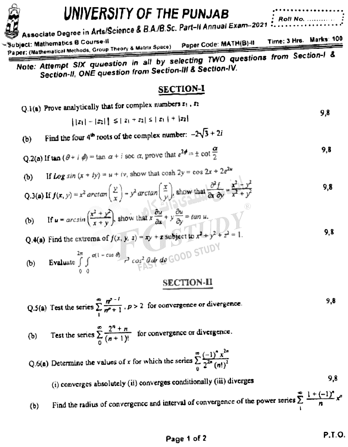 BSc Part 2 Mathematics B Course 2 Mathematical Methods Group Theory And Metric Spaces Past Paper 2021 Punjab University Subjective