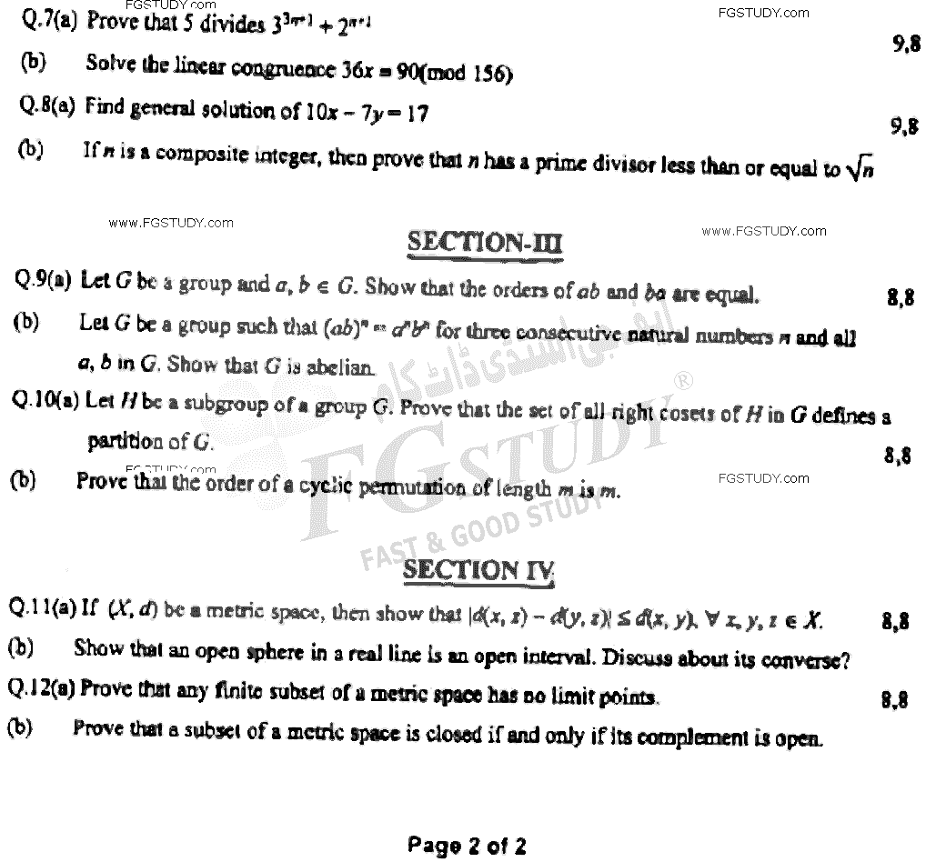BSc Part 2 Mathematics B Course 2 Mathematical Methods Group Theory And Metric Spaces Past Paper 2021 Punjab University Subjective