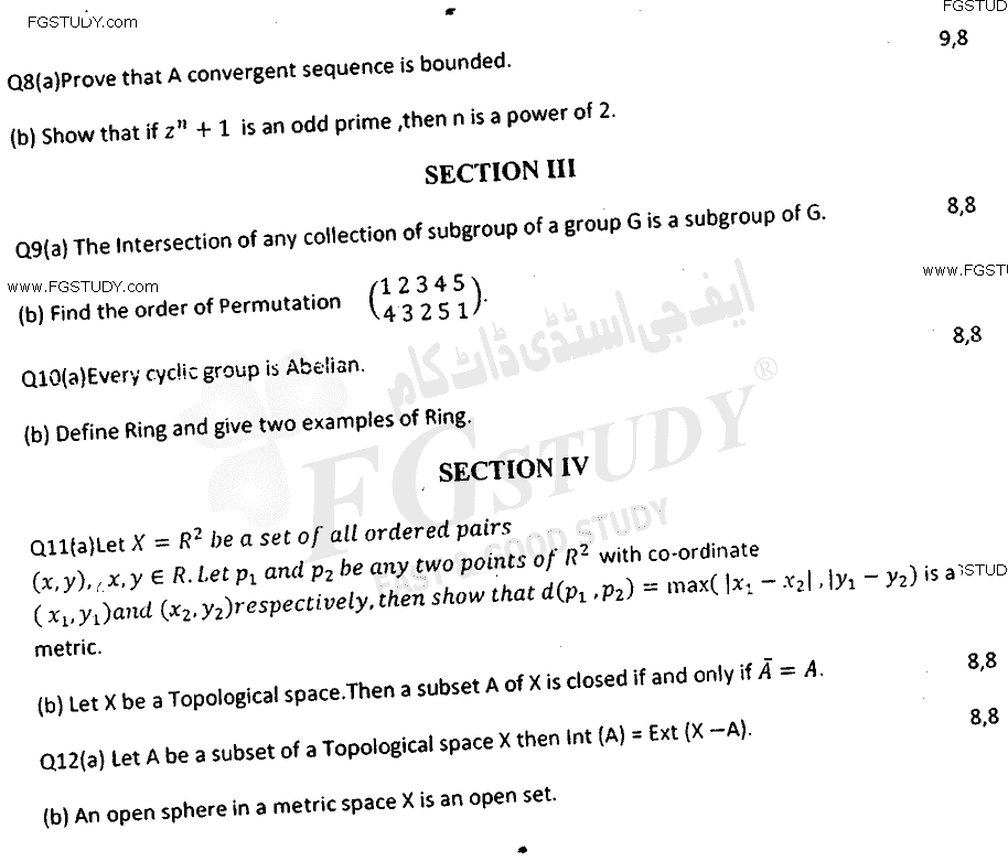 BSc Part 2 Mathematics B Course 2 Mathematical Methods Group Theory And Metric Spaces Past Paper 2017 Punjab University