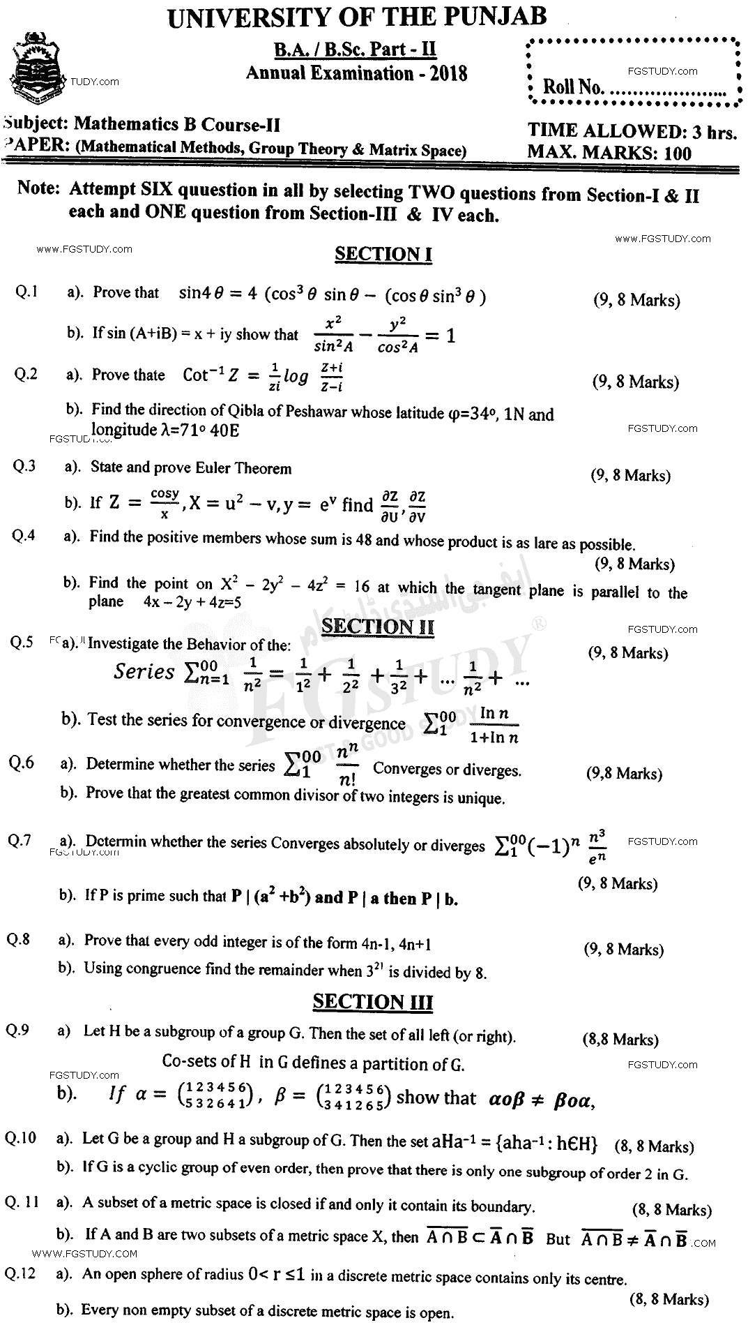 BSc Part 2 Mathematics B Course 2 Mathematical Methods Group Theory And Metric Spaces Past Paper 2018 Punjab University