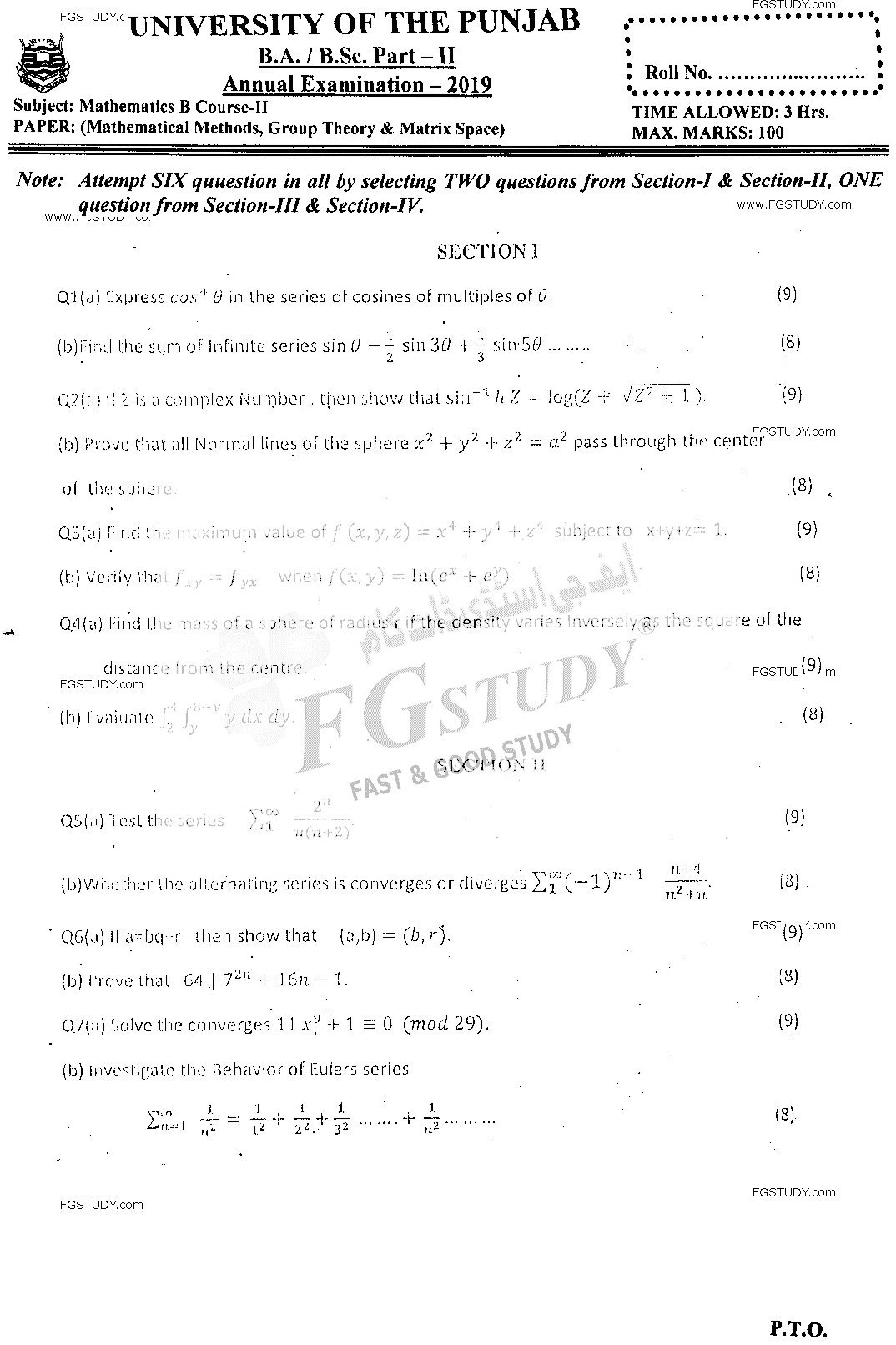 BSc Part 2 Mathematics B Course 2 Mathematical Methods Group Theory And Metric Spaces Past Paper 2019 Punjab University