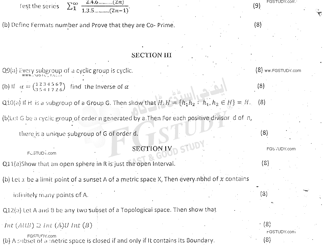 BSc Part 2 Mathematics B Course 2 Mathematical Methods Group Theory And Metric Spaces Past Paper 2019 Punjab University