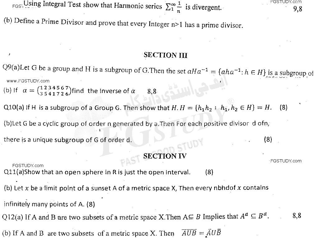 BSc Part 2 Mathematics B Course 2 Mathematical Methods Group Theory And Metric Spaces Past Paper 2019 Punjab University