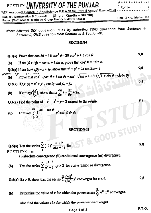 BSc Part 2 Mathematics B Course 2 Mathematical Methods Group Theory And Metric Spaces Past Paper 2020 Punjab University