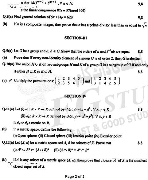 BSc Part 2 Mathematics B Course 2 Mathematical Methods Group Theory And Metric Spaces Past Paper 2020 Punjab University