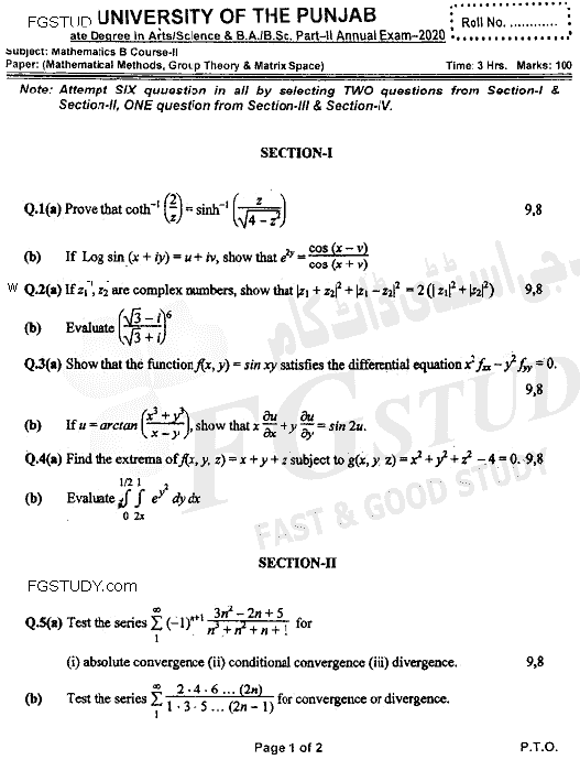 BSc Part 2 Mathematics B Course 2 Mathematical Methods Group Theory And Metric Spaces Past Paper 2020 Punjab University