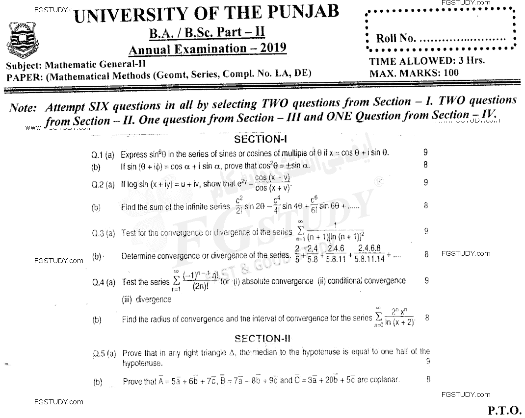 BSc Part 2 Mathematics General 2 Mathematical Methods Past Paper 2019 Punjab University